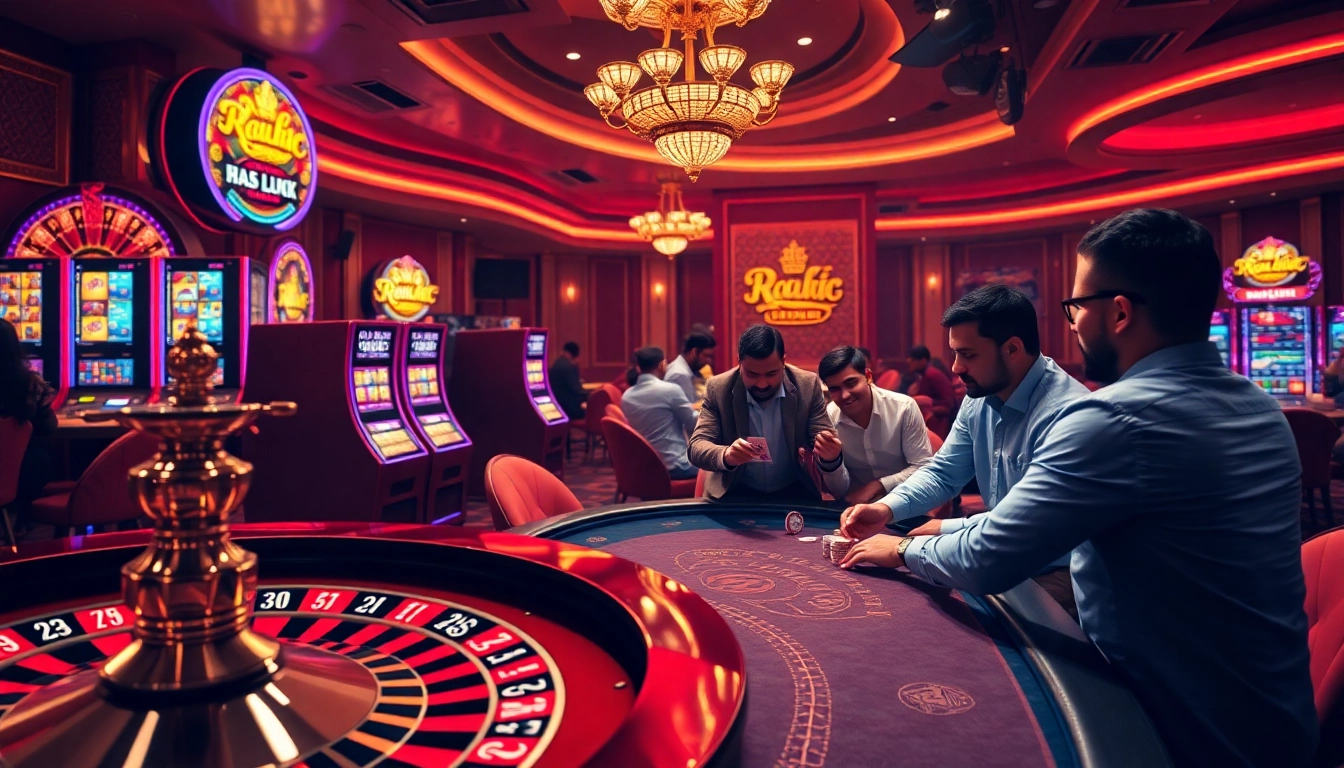 Experience exhilarating gaming action at Raja Luck's luxurious casino with vibrant tables and energetic players.