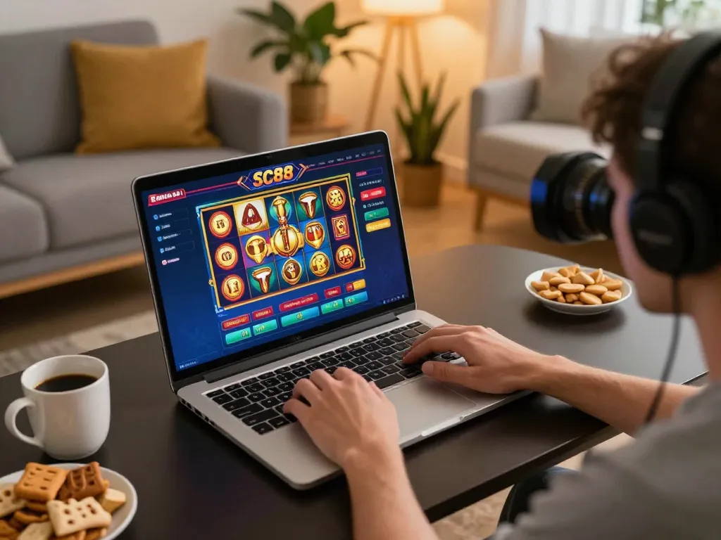 Player engaging with SC88 casino on a laptop in a cozy home setting, illustrating online gaming