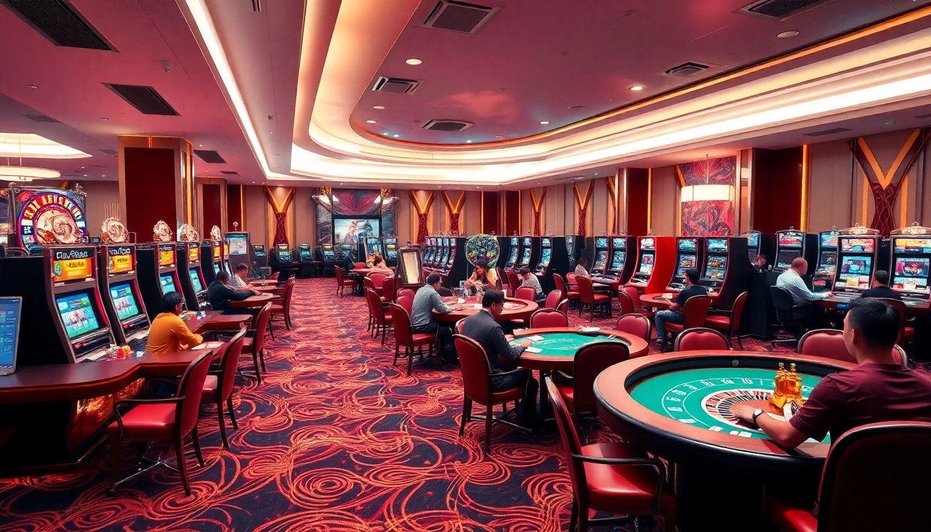 Experience thrilling games at qh88, featuring poker tables and vibrant slot machines.