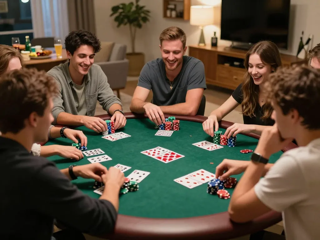 Friends enjoying a thrilling poker game with SC88 chips in a cozy home environment.