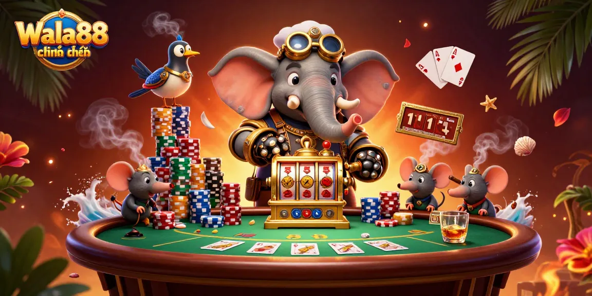 Experience dynamic gambling action at Wala88 chính thức with vibrant slot machines, poker tables, and playful 3D characters.