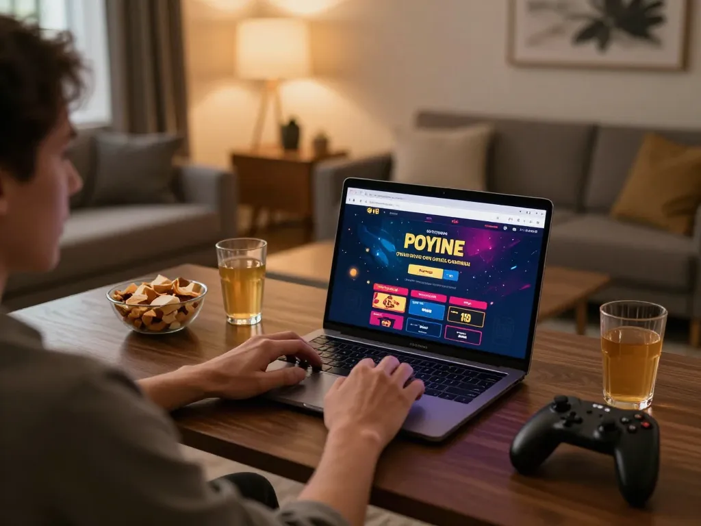 Engaging at an Online Casino No Deposit platform from a cozy home setup, showcasing gaming excitement