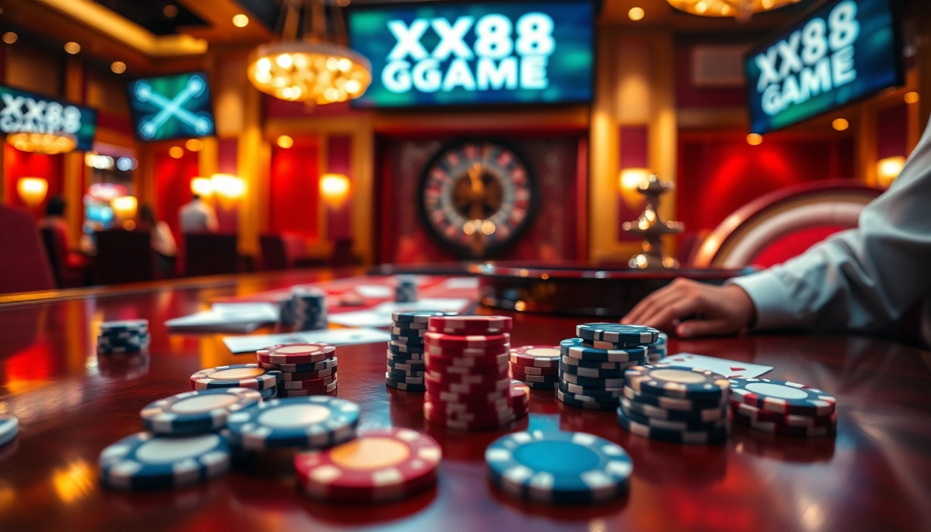 Engage in exciting gameplay with XX88 GAME at a luxurious poker table filled with vibrant chips and cards.