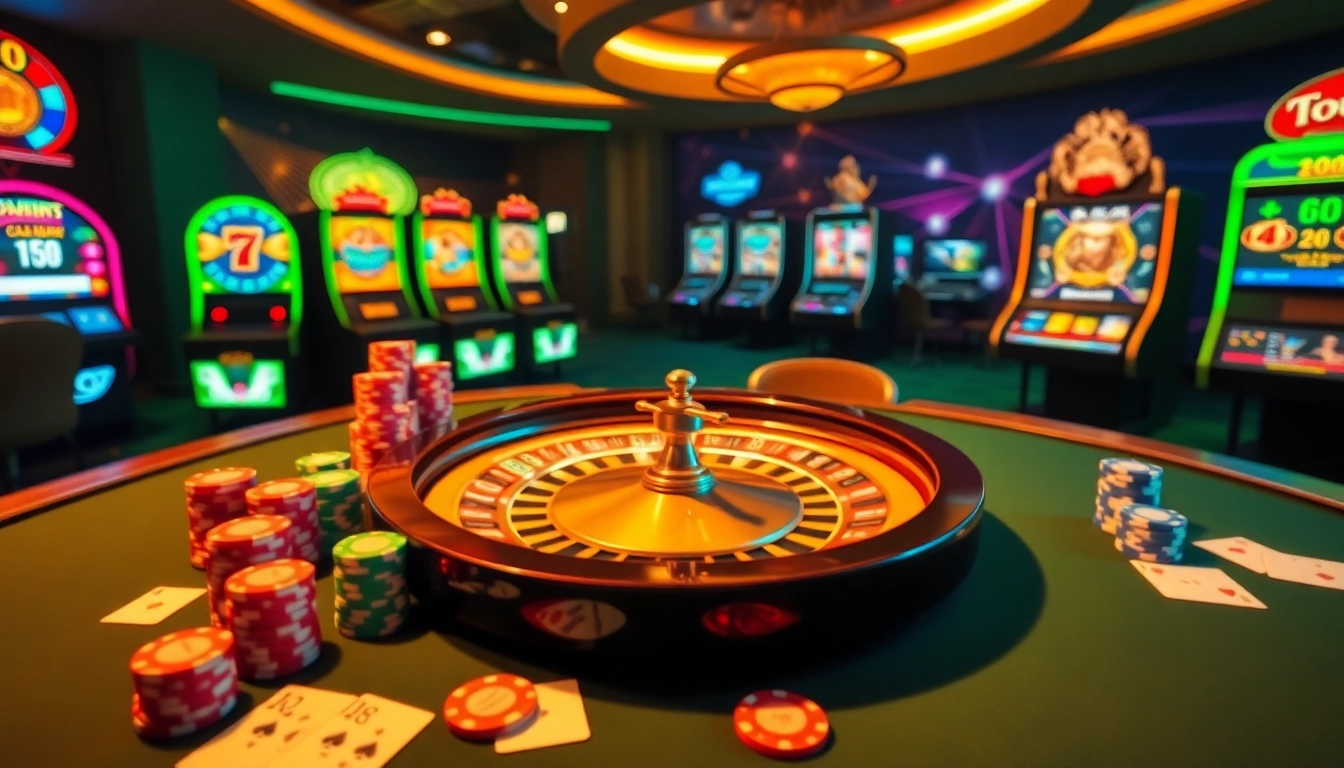 Experience thrilling gameplay at https://bem88.com with vibrant casino tables, poker chips, and roulette wheels.