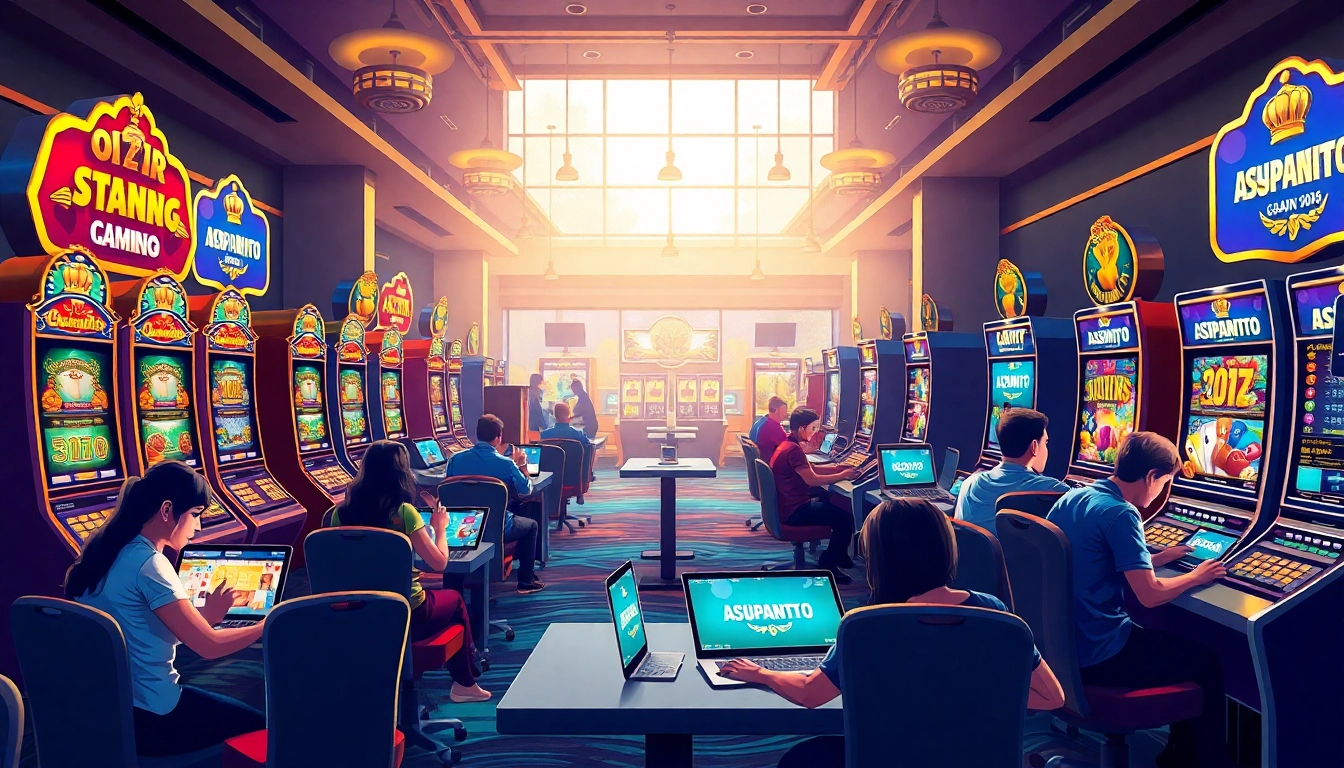 Exciting online gambling scene with players interacting on Asupantoto, highlighting vibrant slots and modern devices.