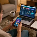 Engaged player using VIN88 casino app on smartphone, showcasing strategic betting in a cozy home setting.