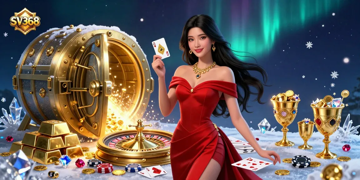 Experience the thrill of SV368 with a confident woman holding a golden playing card by a roulette wheel.
