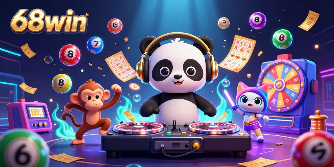 Experience the thrill of winning at 68win with vibrant casino-themed characters and dynamic gaming elements.