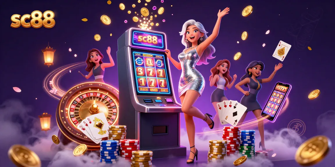 Experience the excitement of sc88 with a dazzling slot machine display, golden coins, and dynamic casino elements.
