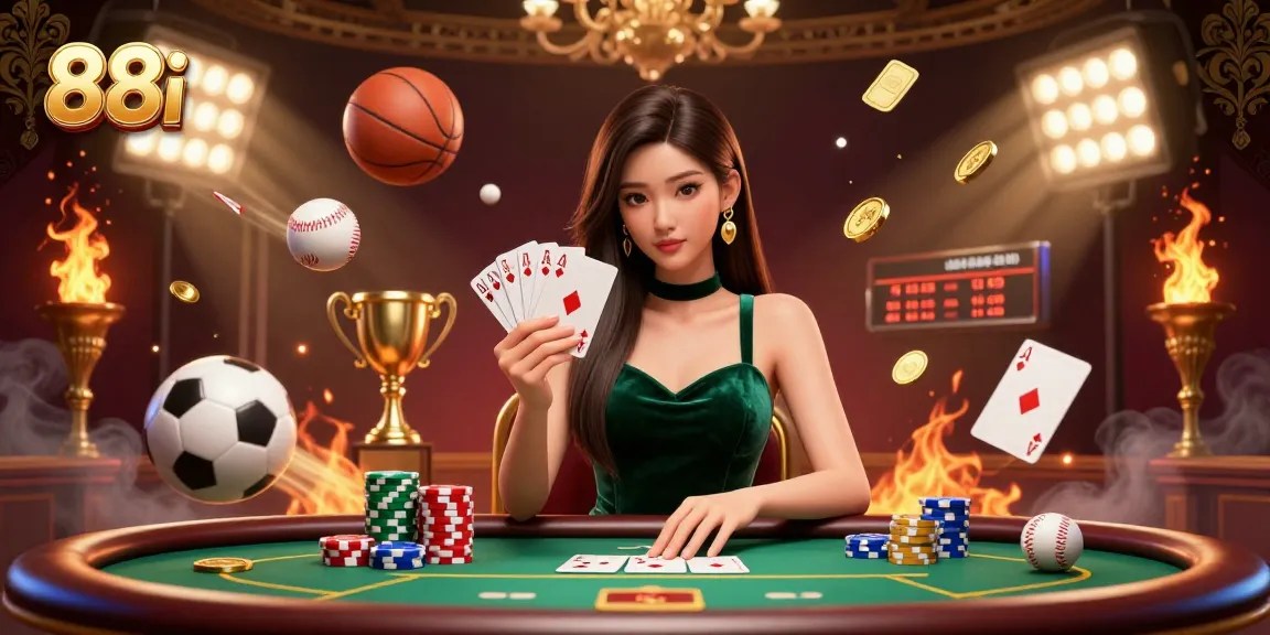 Experience the excitement of 88i with a beautiful dealer at a poker table, dynamic sports elements, and luxurious ambiance.