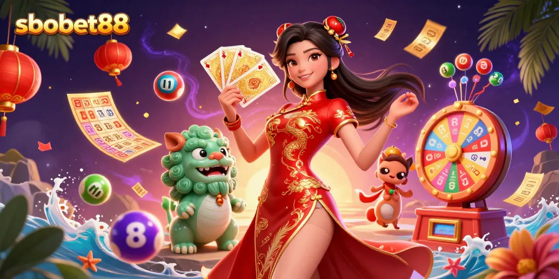 Experience excitement with sbobet88 as a woman in a qipao engages in dynamic gambling action with vibrant elements.