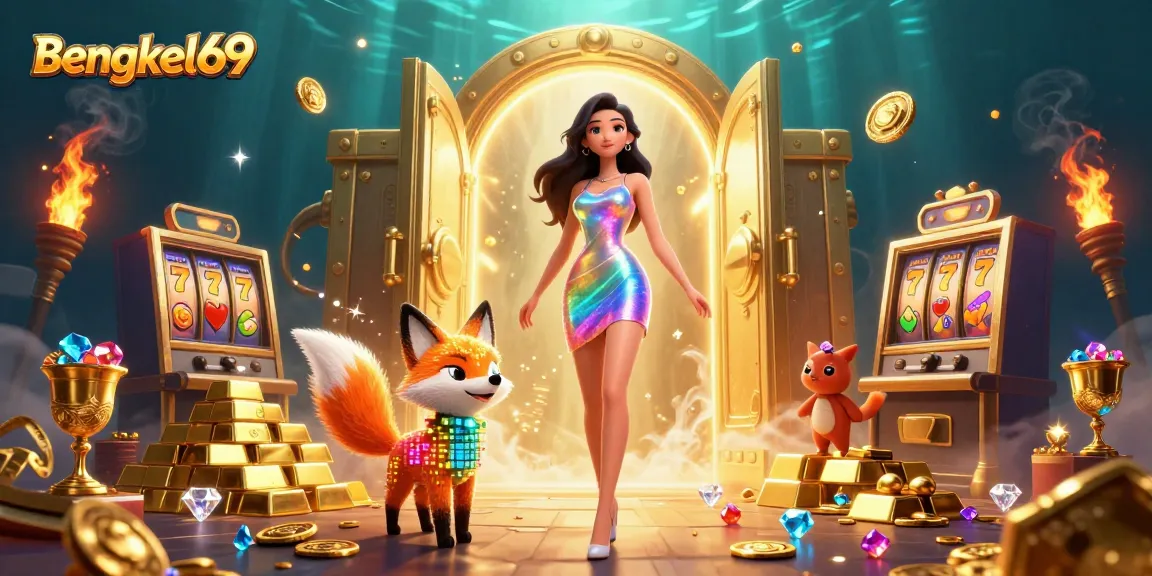 Spin and win at Bengkel69 with vibrant slot reels and dazzling gemstones in a luxurious casino setting.