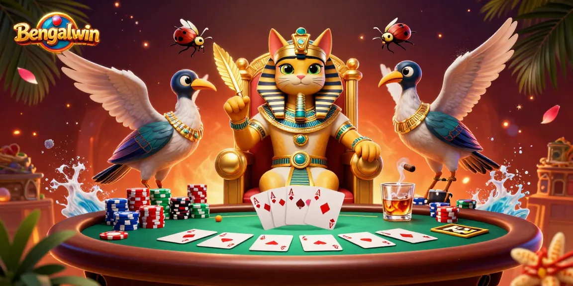 Bengalwin entertains with a vibrant 3D scene of a pharaoh cat at a poker table, surrounded by dynamic gambling elements.