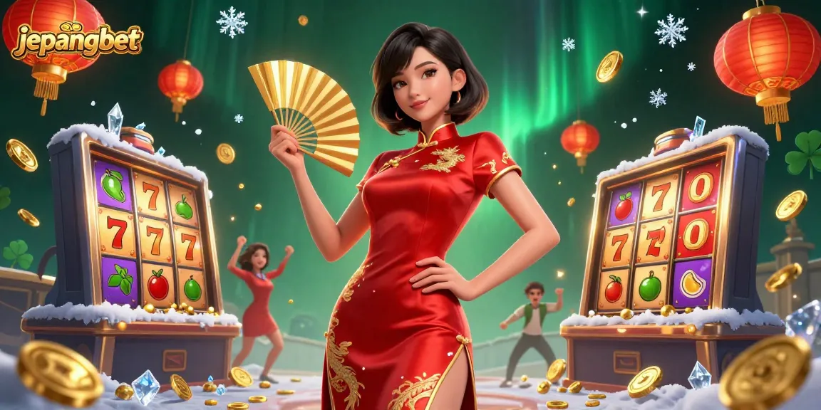 Experience the excitement of gambling at Jepangbet with vibrant slot reels and gold coins.