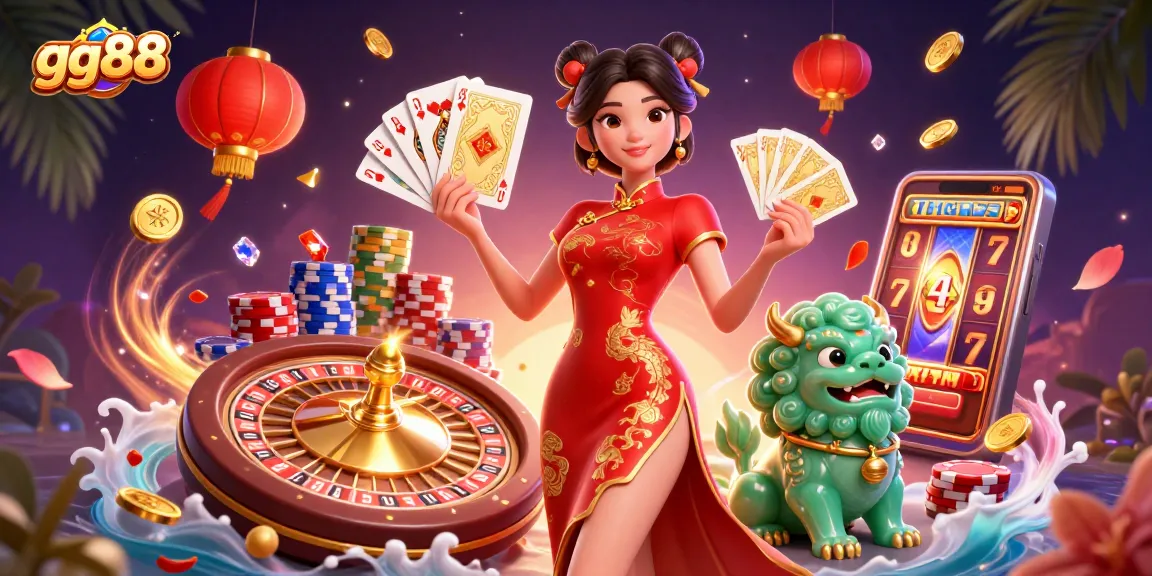 Experience excitement with gg88 as a woman in a qipao delights in winning cards amidst golden casino elements.