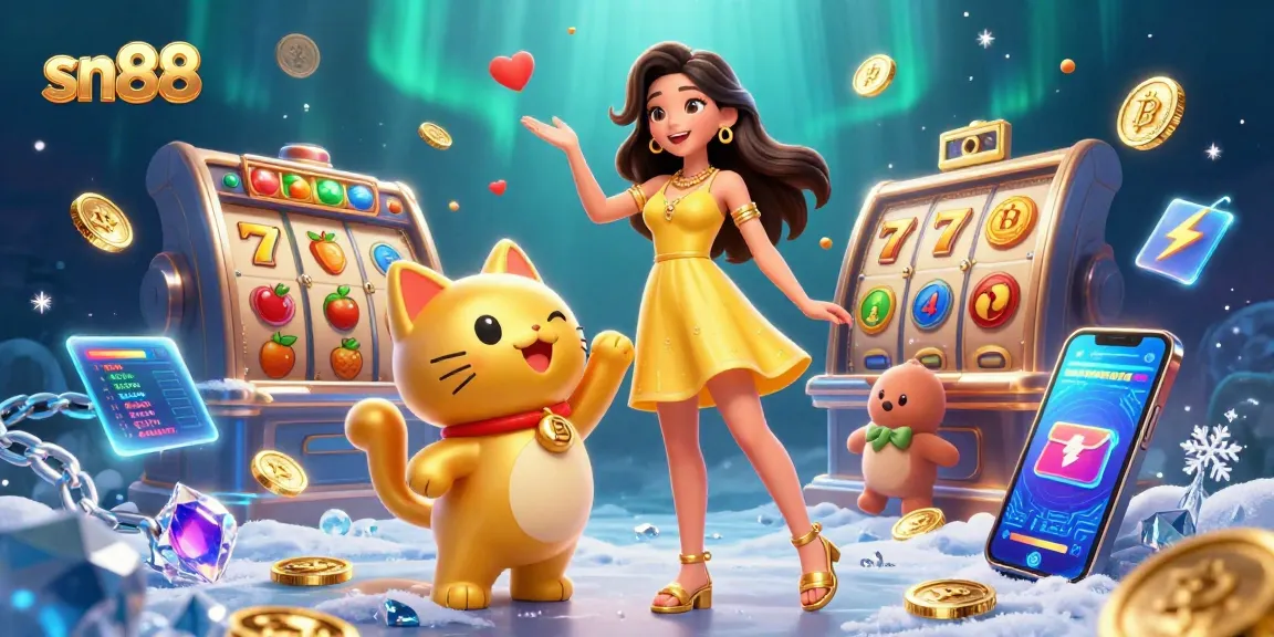 Join the excitement at sn88 with vibrant gaming elements like slots, coins, and a lively lucky cat!