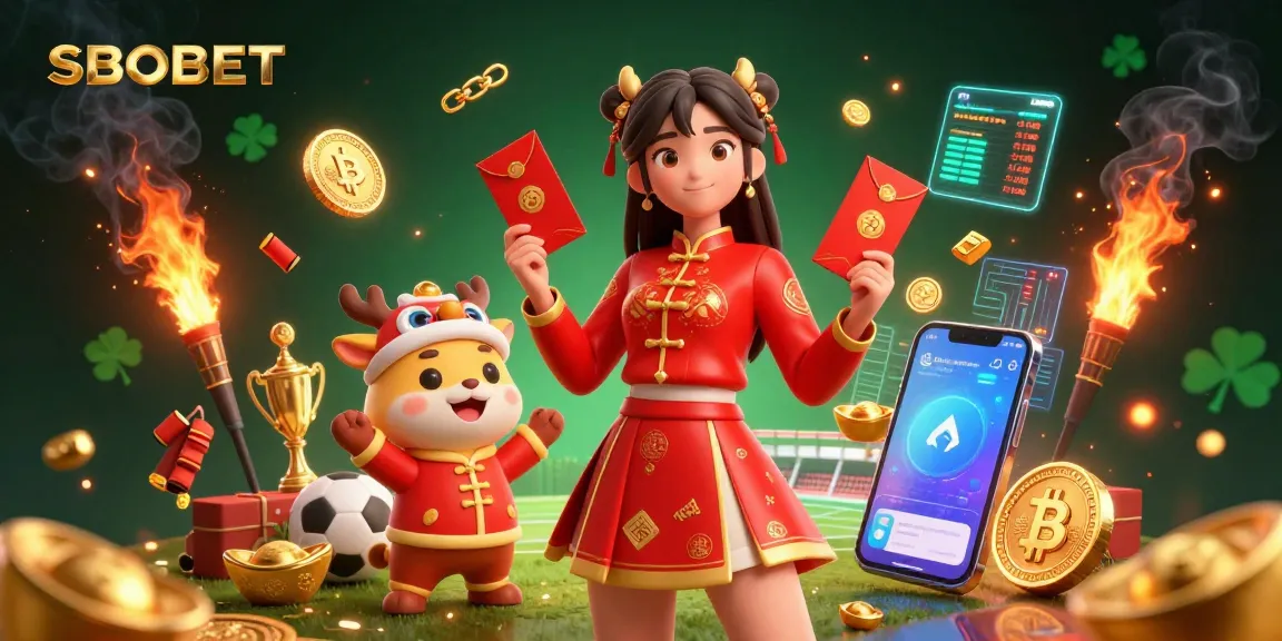 SBOBET sports betting features vibrant Asian-themed celebration with soccer elements and cryptocurrency highlights.
