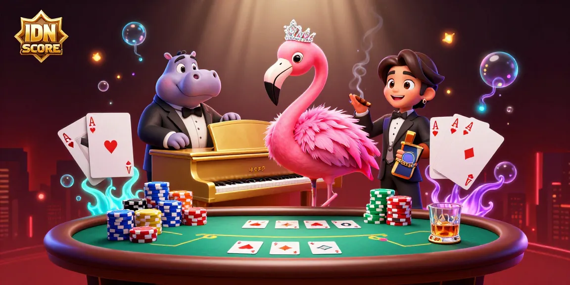 Experience IDNSCORE's vibrant casino atmosphere with a flamingo singer and hippo bassist entertaining at a lively poker table.