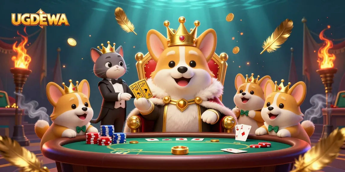 Engage in thrilling poker games at UGDEWA with this colorful 3D corgi-themed illustration.