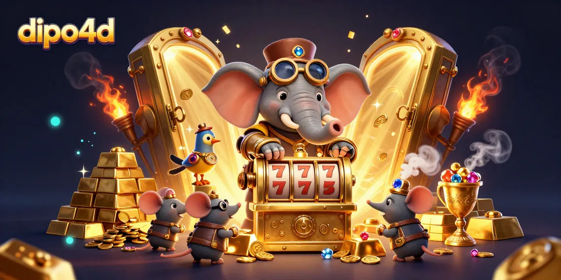 Spin to win big with dipo4d as a steampunk elephant operates a golden slot machine filled with treasures.