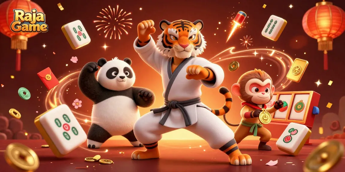 Immerse in the vibrant action of Raja Game with a scene featuring a kung fu tiger and friends celebrating in a festive casino.