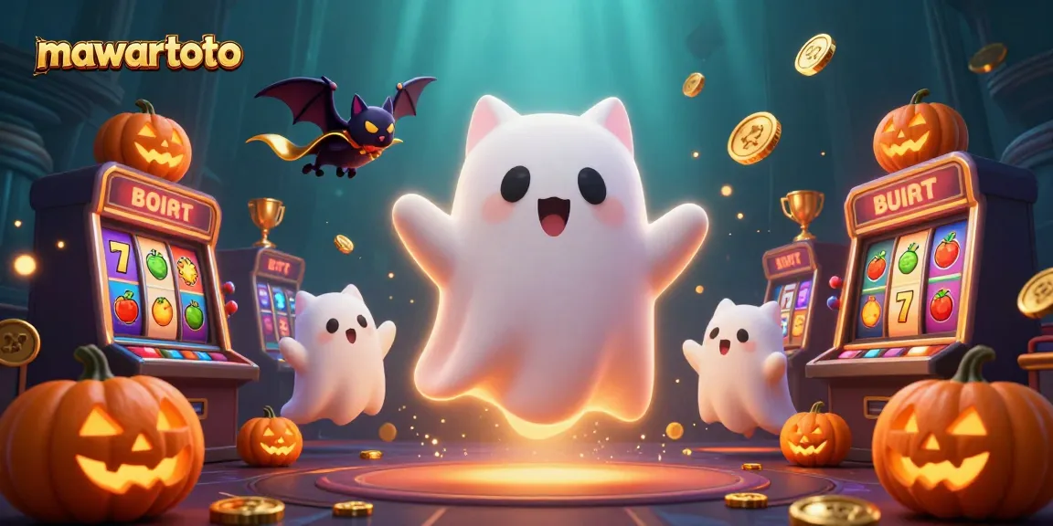 Mawartoto offers a vibrant casino experience with a ghost cat, golden cape bat, and spinning slot reels.