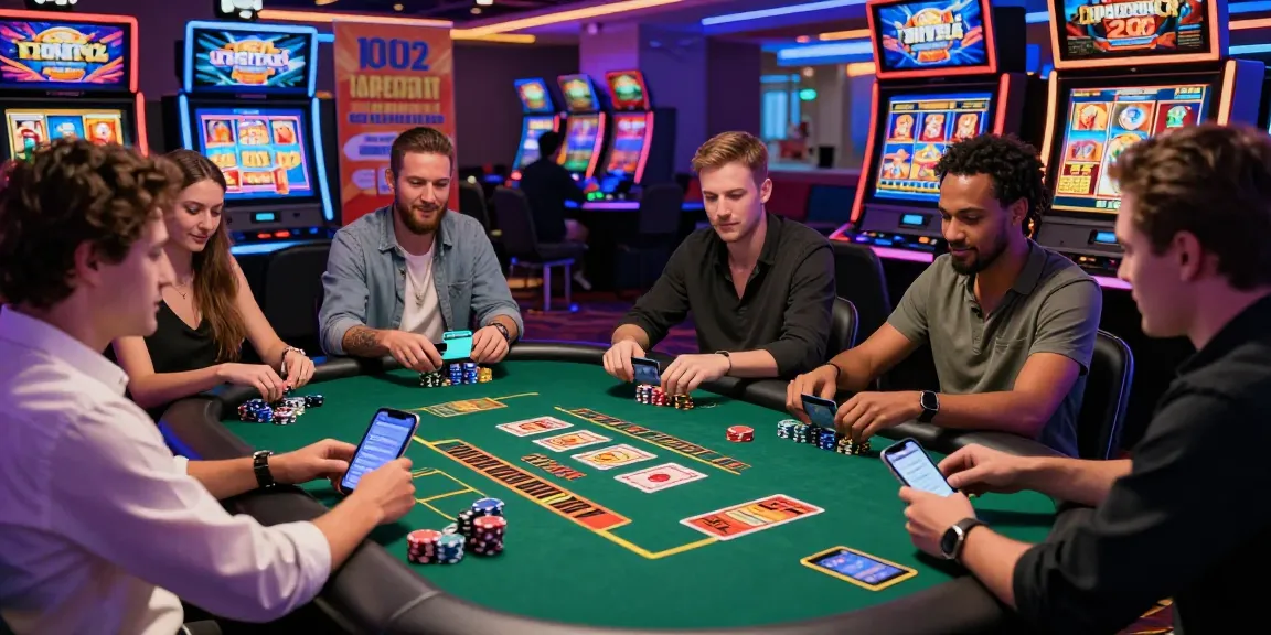 Engaging online casino players using credit cards at https://eviz.org.uk in a vibrant, modern gaming setting.