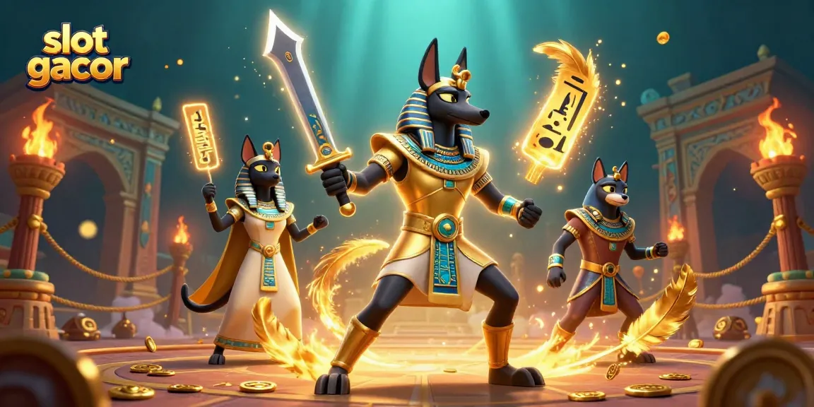 Experience slot gacor thrills in this dynamic casino scene featuring Anubis and Bastet.