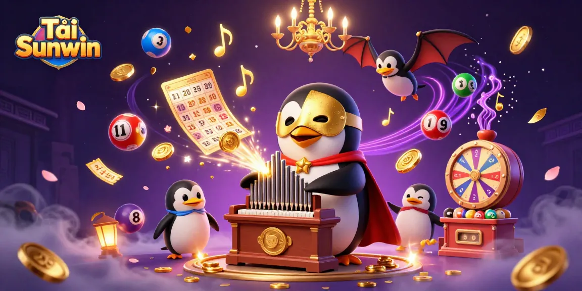 Tải Sunwin to discover a vibrant casino world featuring animated penguins and lottery elements.