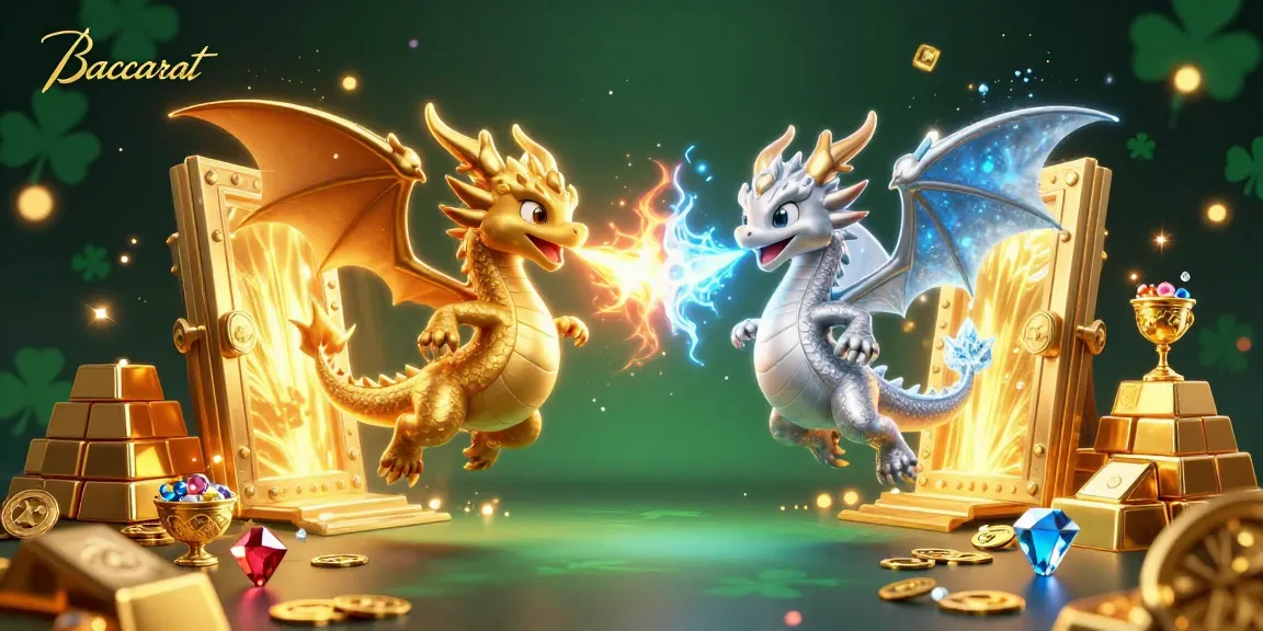 Engage in Baccarat with twin dragons battling, symbolizing fortune and strategy in a dynamic casino scene.