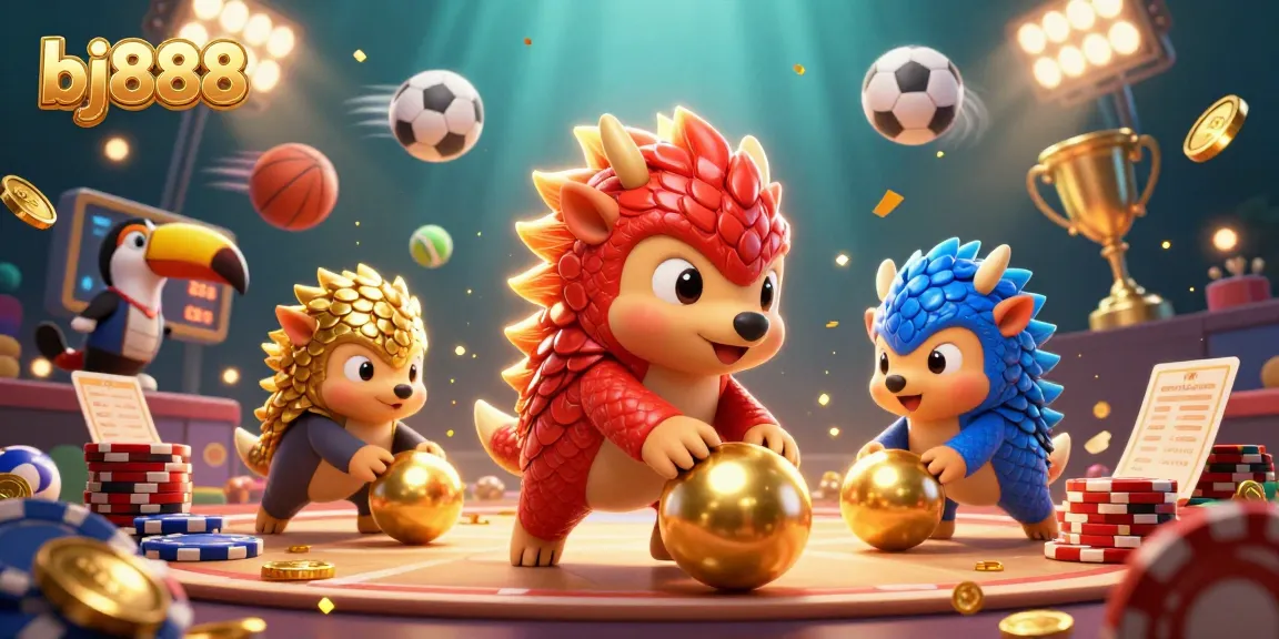 Engage with bj888 as rival pangolins compete amidst golden trophies and poker chips in vibrant casino action.