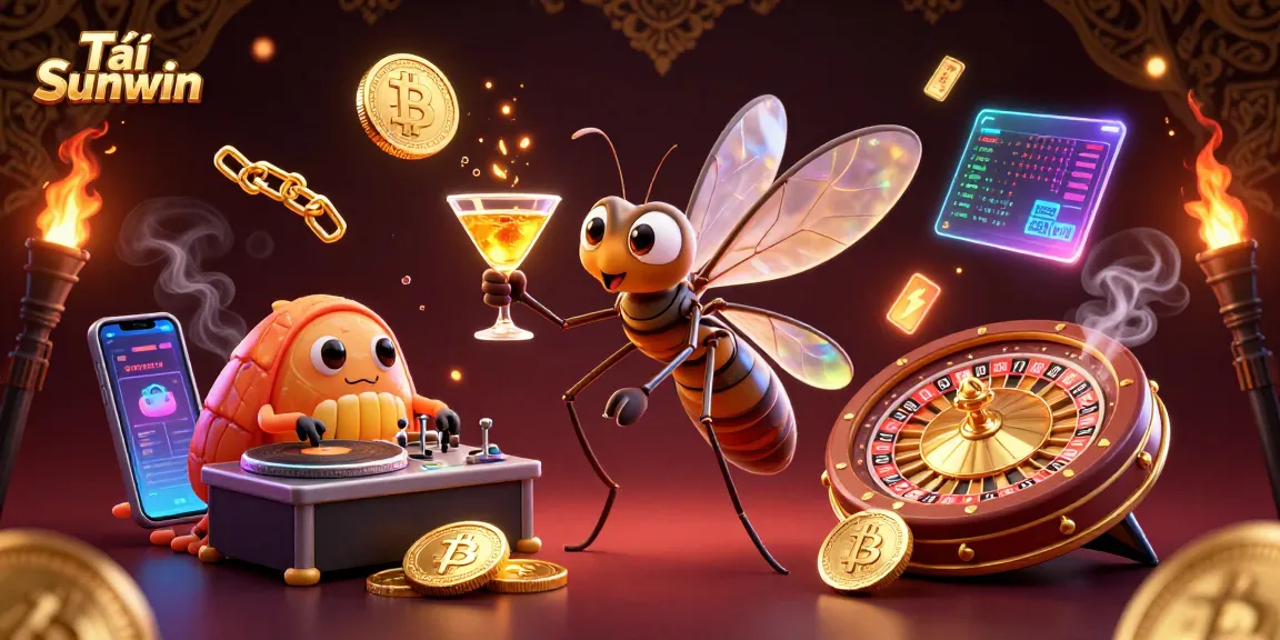 Play and win with Tải Sunwin, featuring vibrant 3D casino mascots and crypto elements.