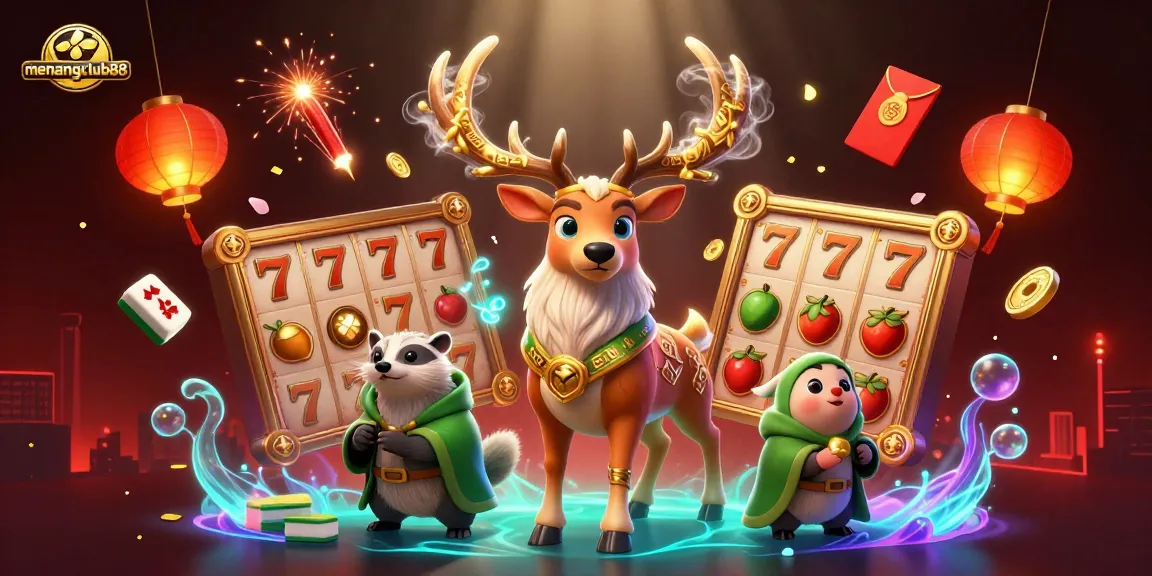 Experience the vibrant gaming world of menangclub88 with a Celtic druid, badger, and iconic slot symbols.